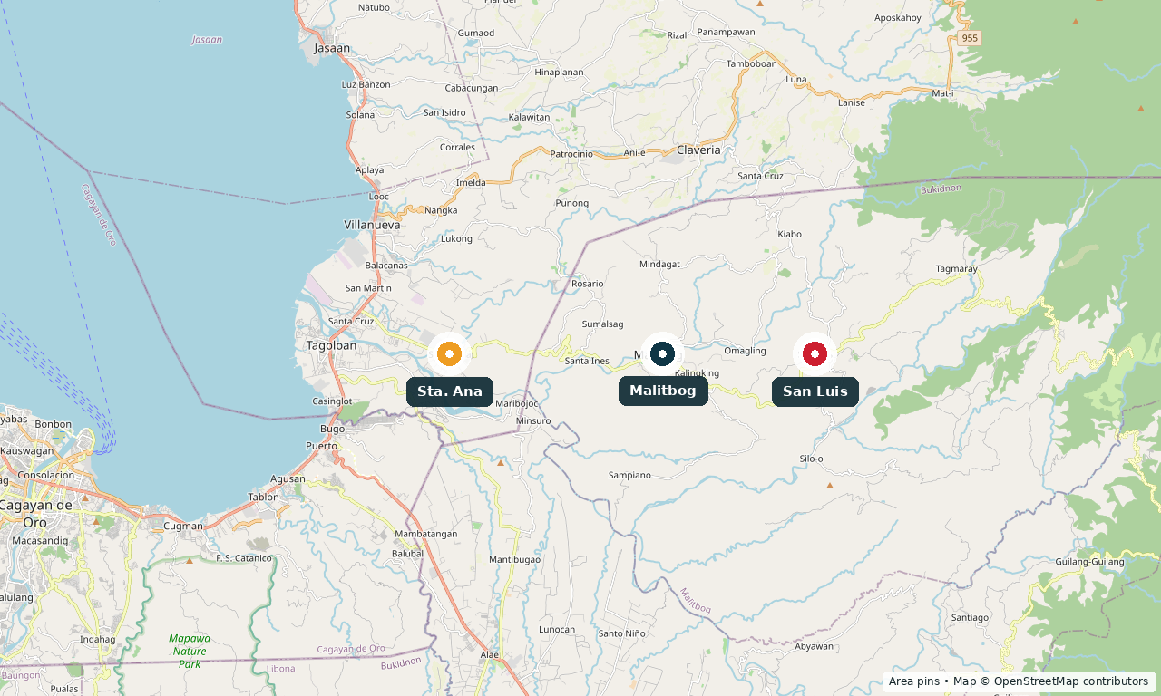 OpenStreetMap showing the SCK branch areas in Sta. Ana, Malitbog and San Luis